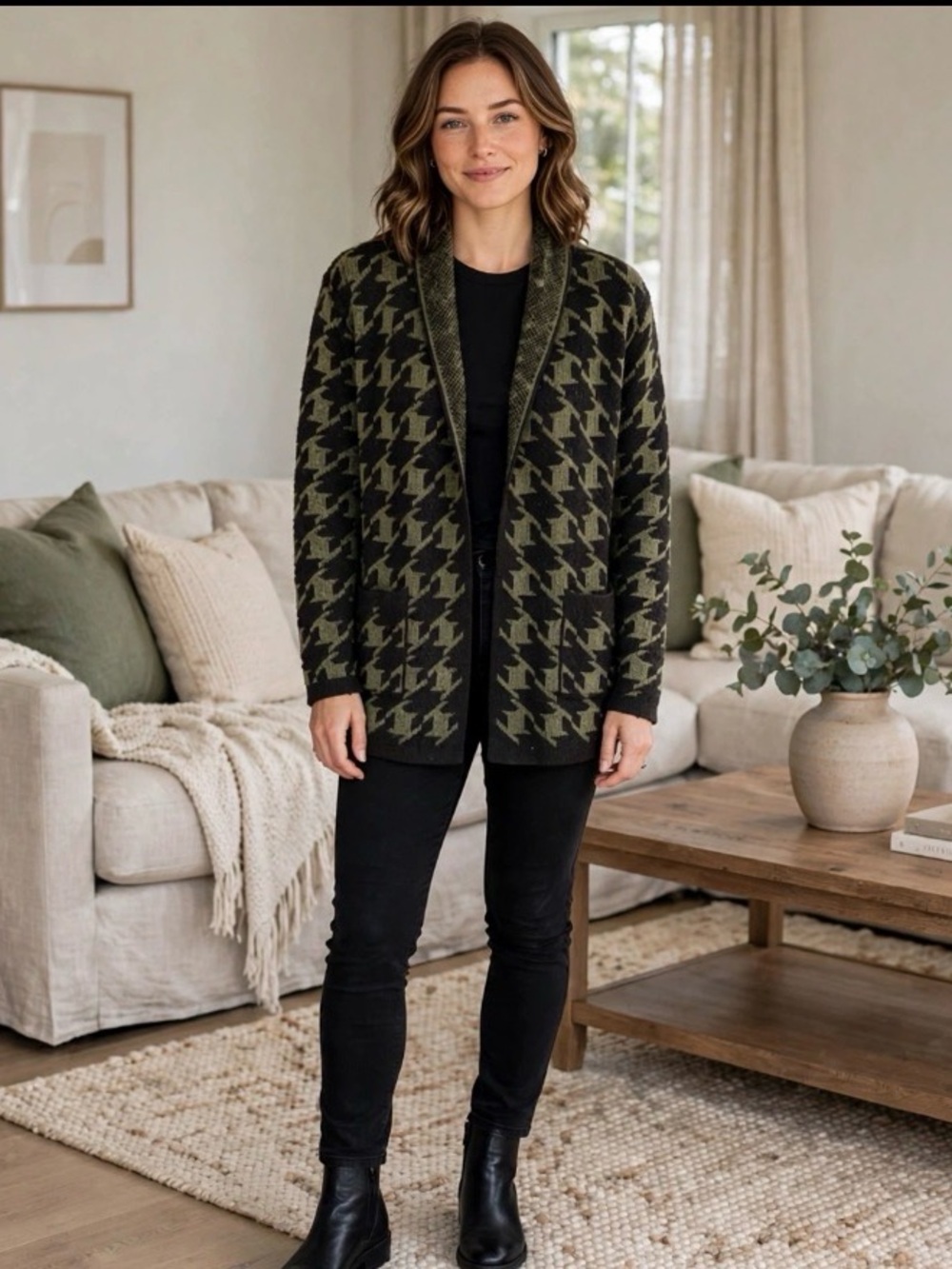 kathy ireland Olive Green and Black Houndstooth Open Cardigan